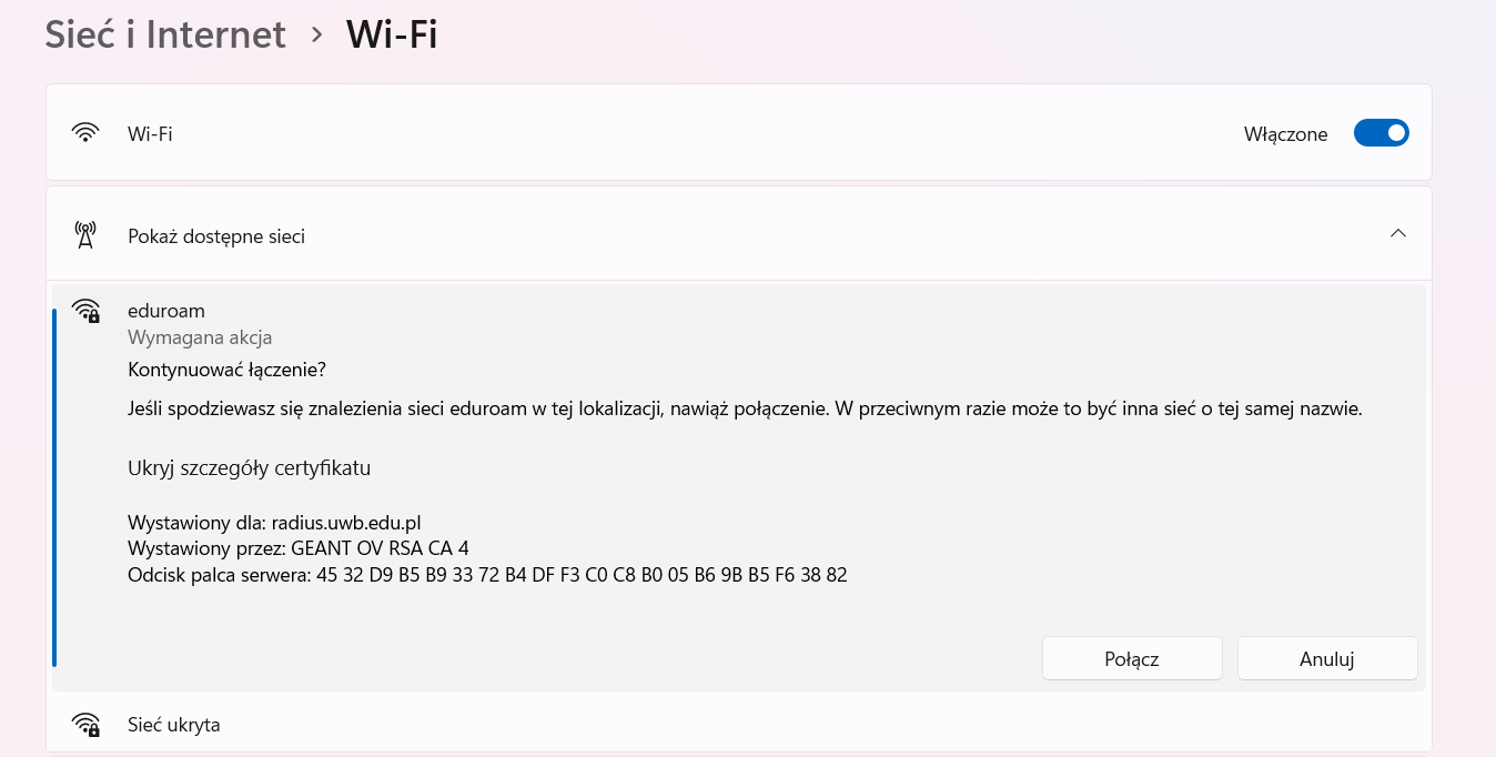 Check the radius.uwb.edu.pl server certificate